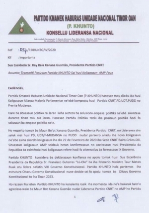 Karta KHUNTO ba Prezidente CNRT  Kay Rala Xanana Gusmao